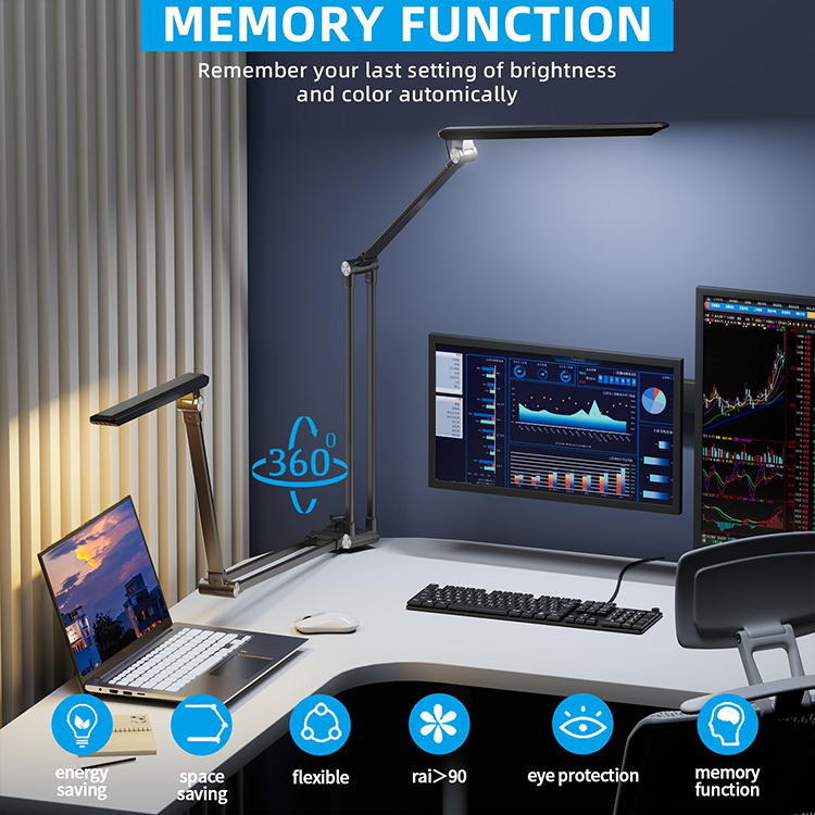 ضوء مكتب بذراع متأرجحة باللون الأسود المعدني مع مشبك